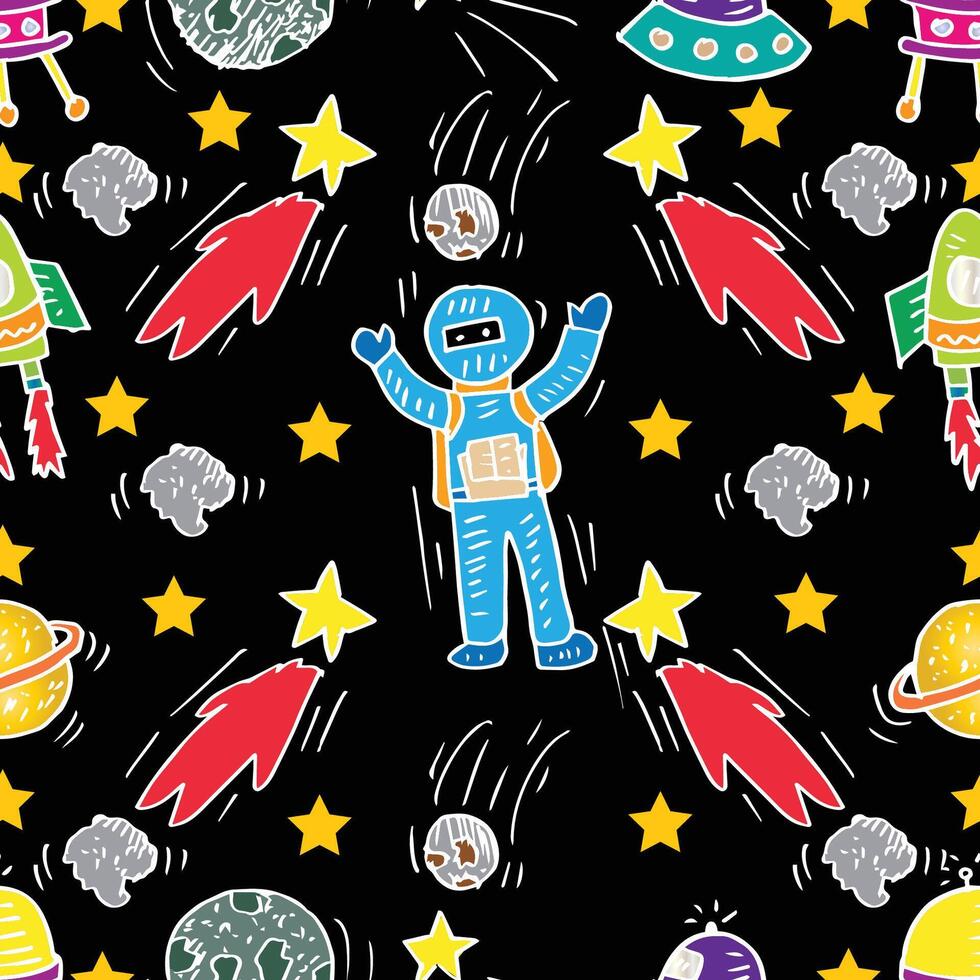 Seamless pattern with astronaut, planets, rocket and stars. vector