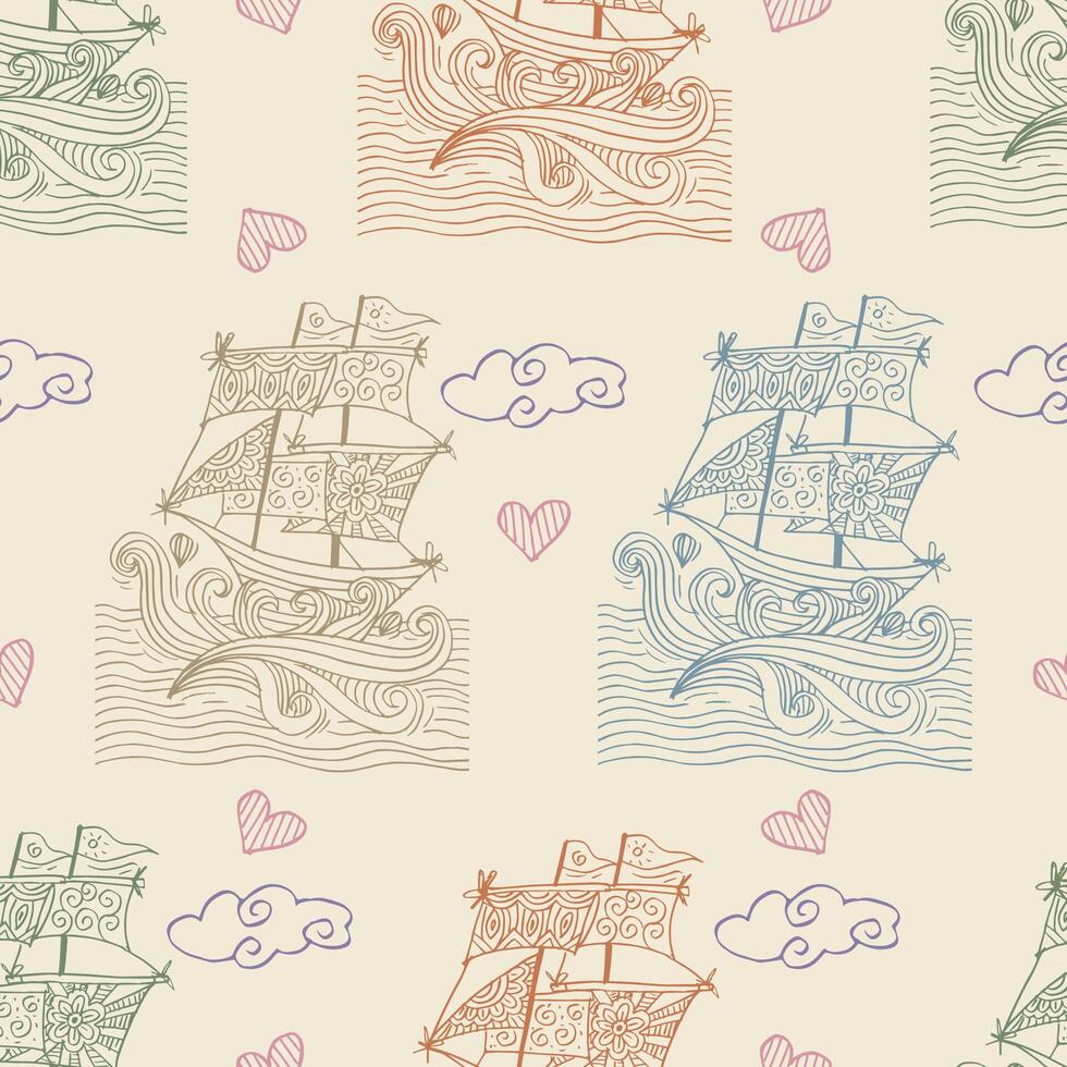 Seamless pattern with sailing ships and clouds. vector
