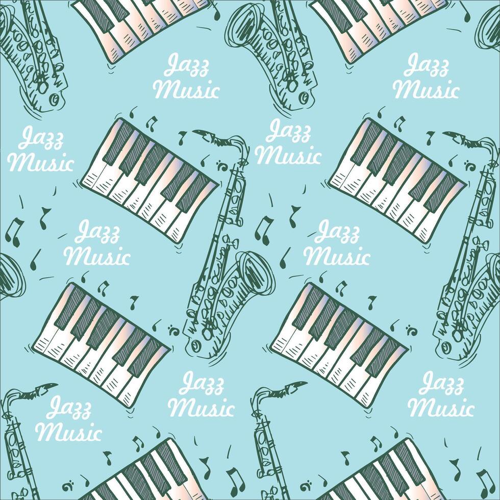 Seamless pattern of musical jazz instruments with notes. vector