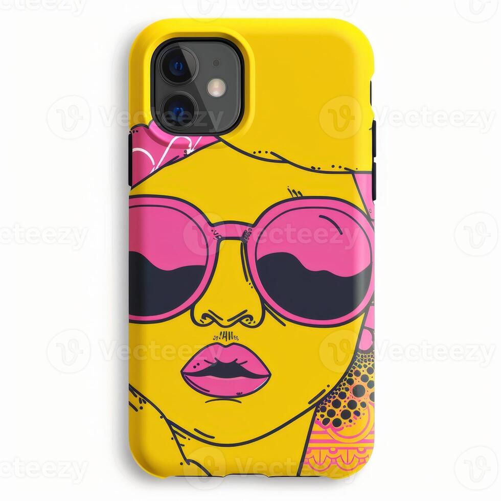 A yellow and pink phone case with a woman wearing sunglasses. photo