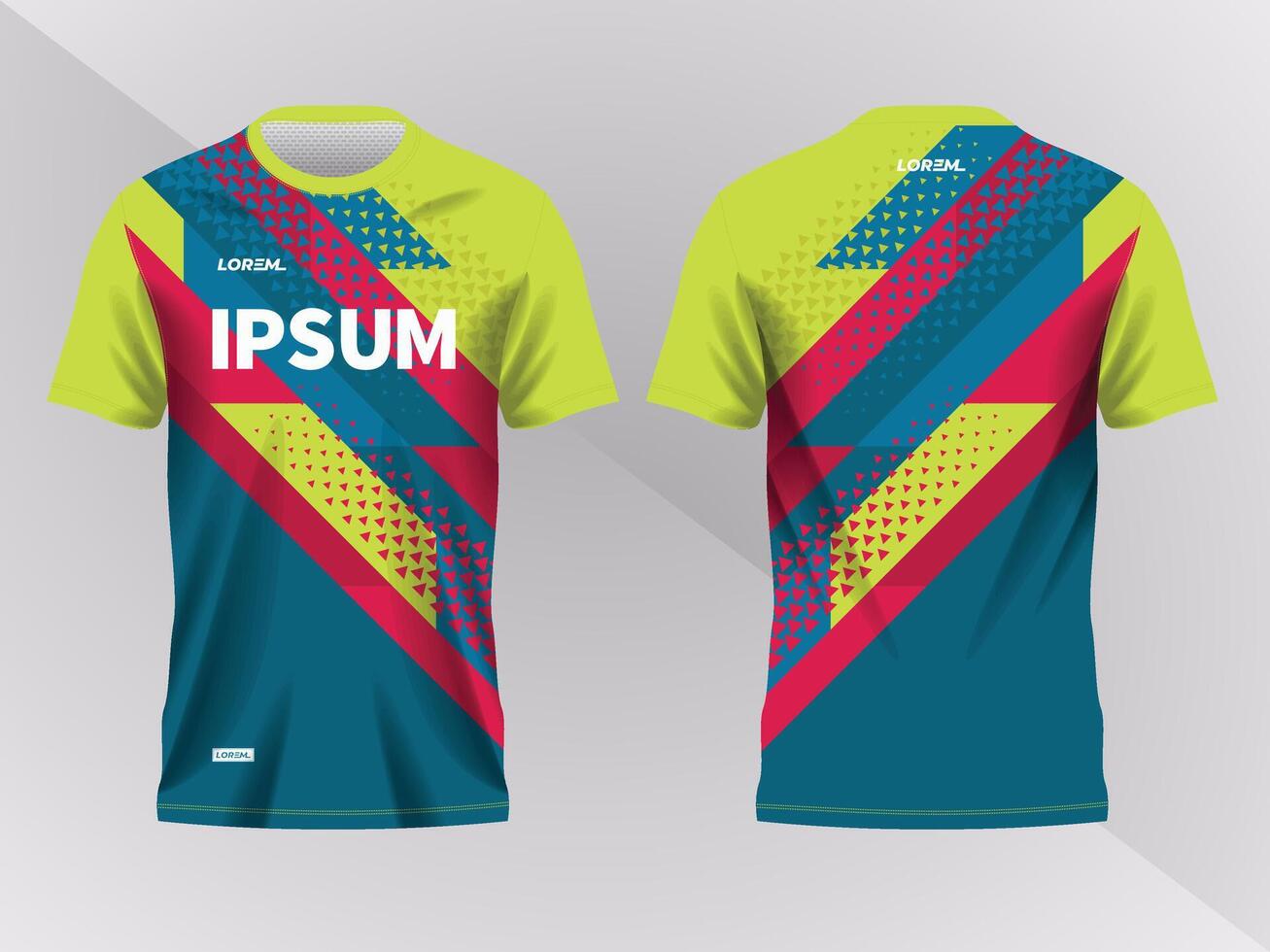 red with blue green background and pattern for sport jersey design and mockup. front and back view template vector
