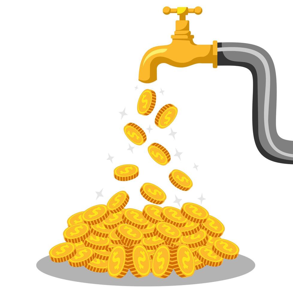 Illustration of money falling from a tap on a white background, a steady flow of investment generates financial gain. vector