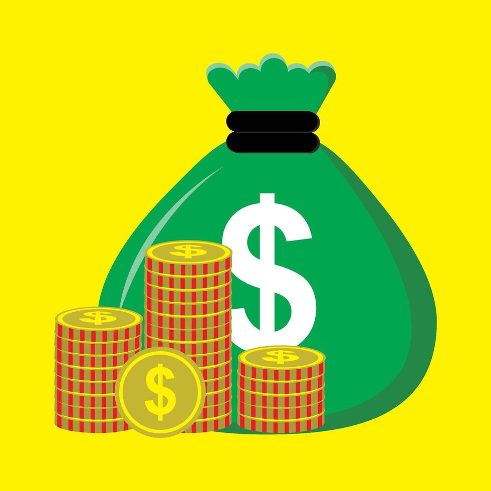 Cartoon coins. Packs, bundles, stacks and piles of dollar coins on yellow background. Falling gold coins. Bank cash set. vector