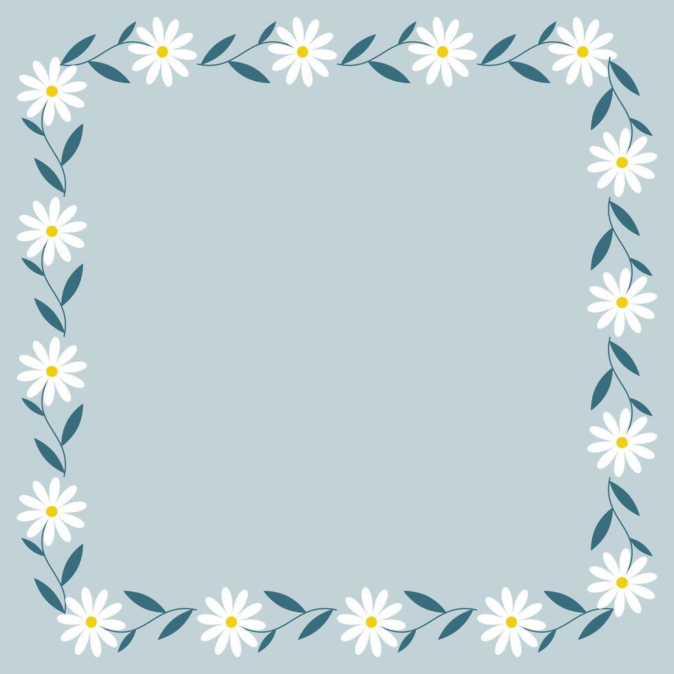 Square frame of hand drawn wild doodle flowers and leaves, on isolated background. Design for springtime, summertime celebration, greeting cards, scrap booking, home decor, paper craft. vector