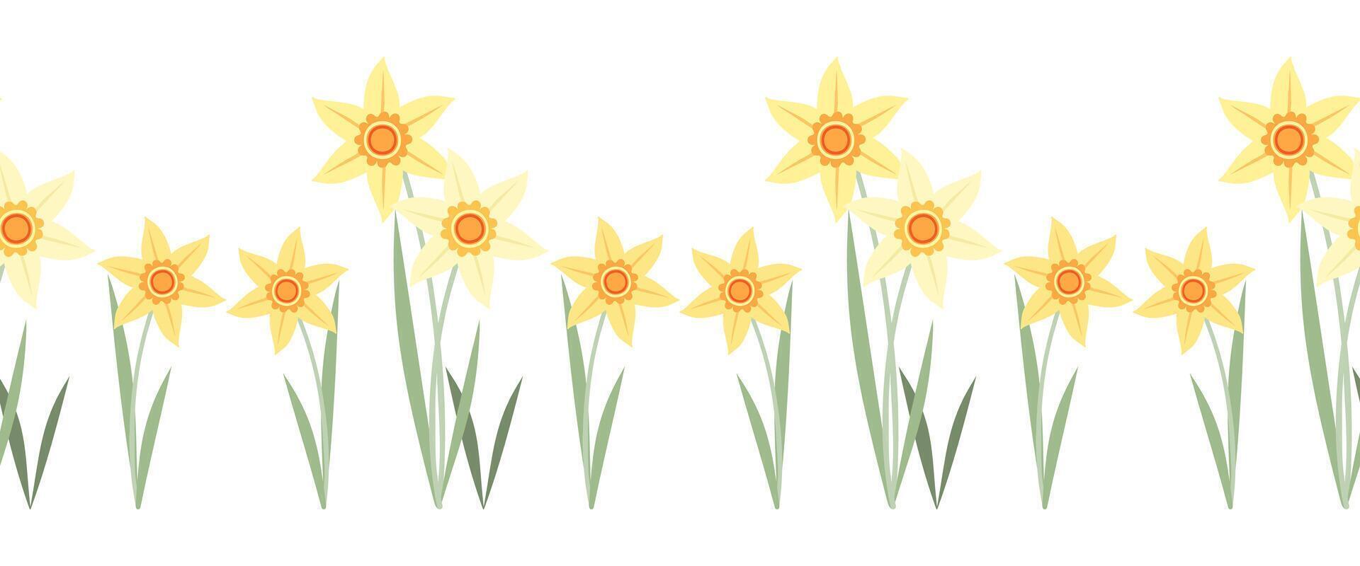 Seamless hand drawn border of wild doodle daffodils and leaves. Design for springtime, summertime celebration, greeting cards, scrap booking, home decor, paper craft, tape. vector