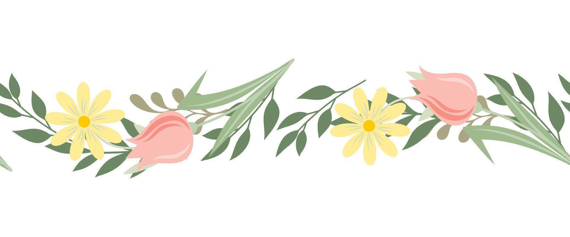 Seamless hand drawn border of wild doodle flowers and leaves. Design for springtime, summertime celebration, greeting cards, scrap booking, home decor, paper craft, wash tape. vector