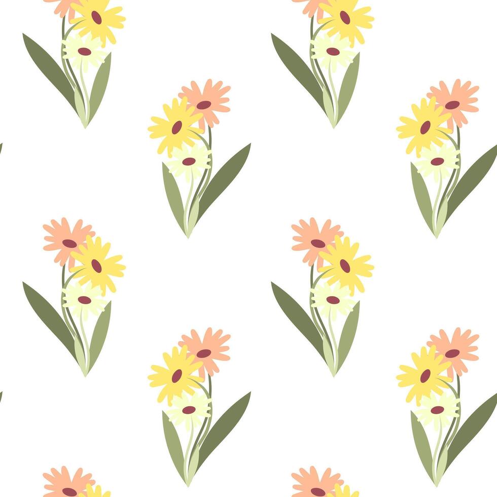Seamless pattern of hand drawn wild doodle flowers,isolated background. Design for mothers day, Easter, springtime, summertime celebration, scrap booking, textile, home decor, paper craft. vector