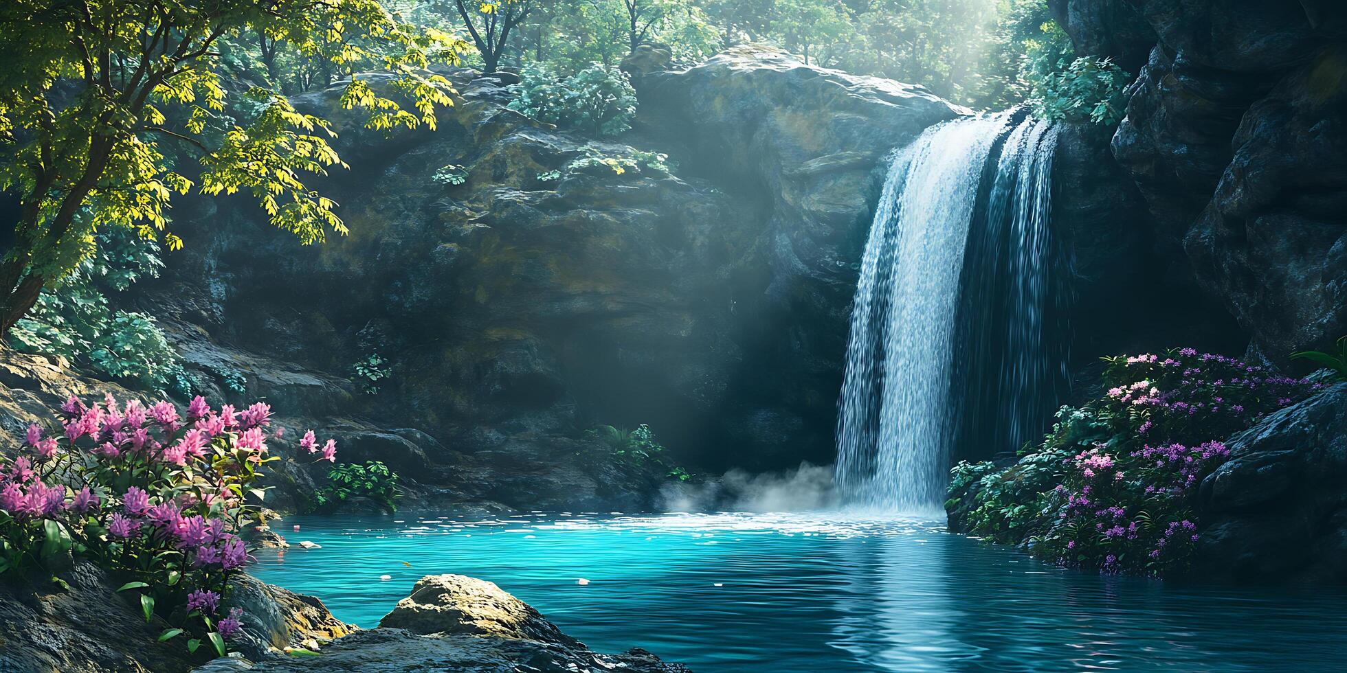 Serene Waterfall in Lush Tropical Forest Nature Background Image photo