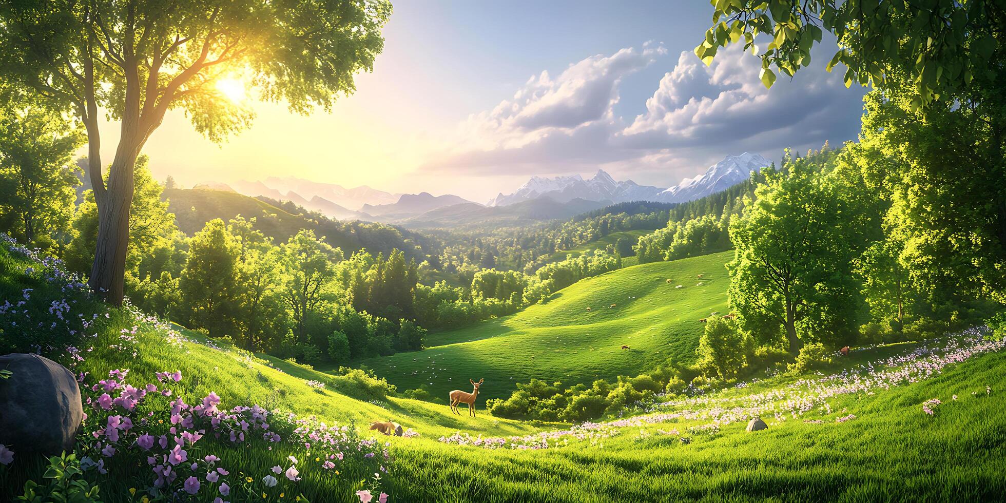 Serene Sunset Landscape A Breathtaking View of Rolling Green Hills photo