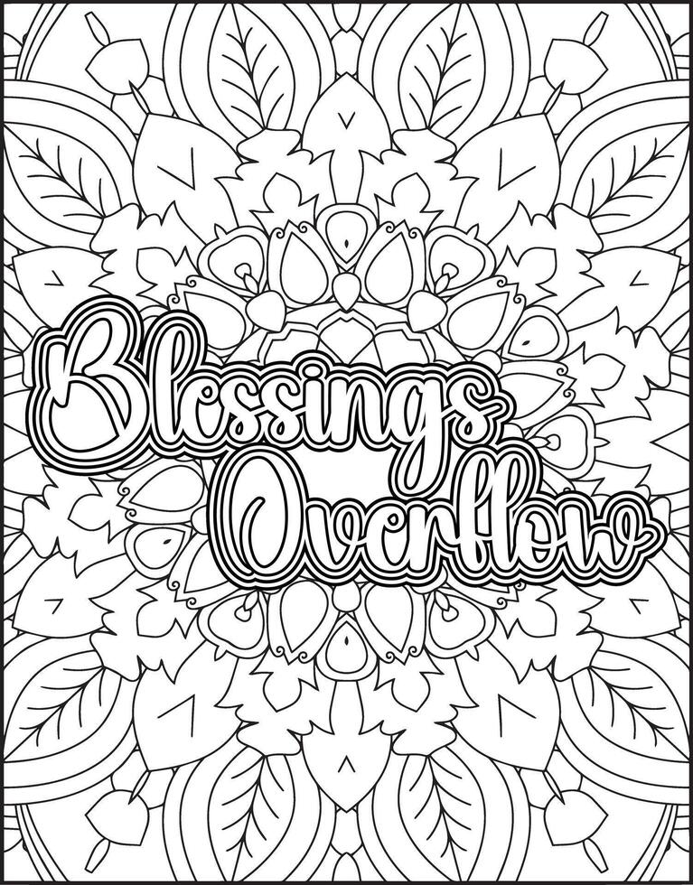 Blessings Overflow motivational gratitude quote coloring page for adults. vector