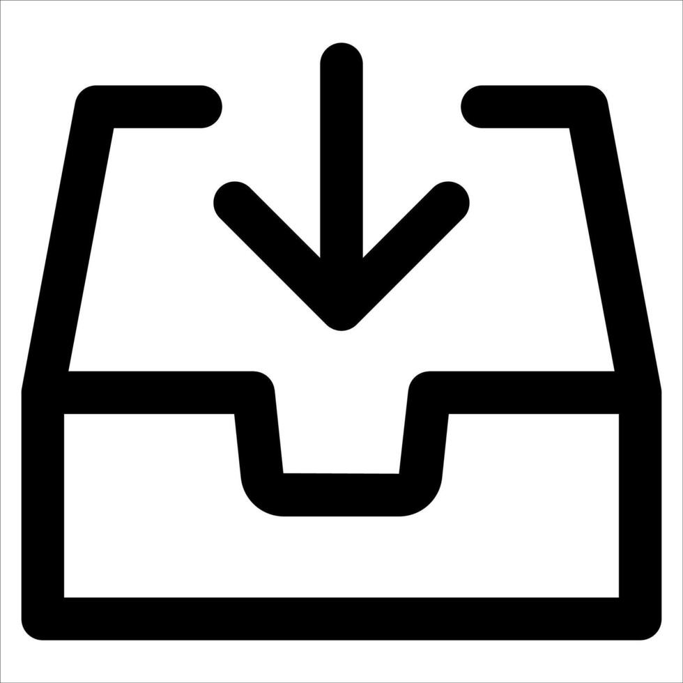 A unique black and white icon of a box with an arrow pointing down vector