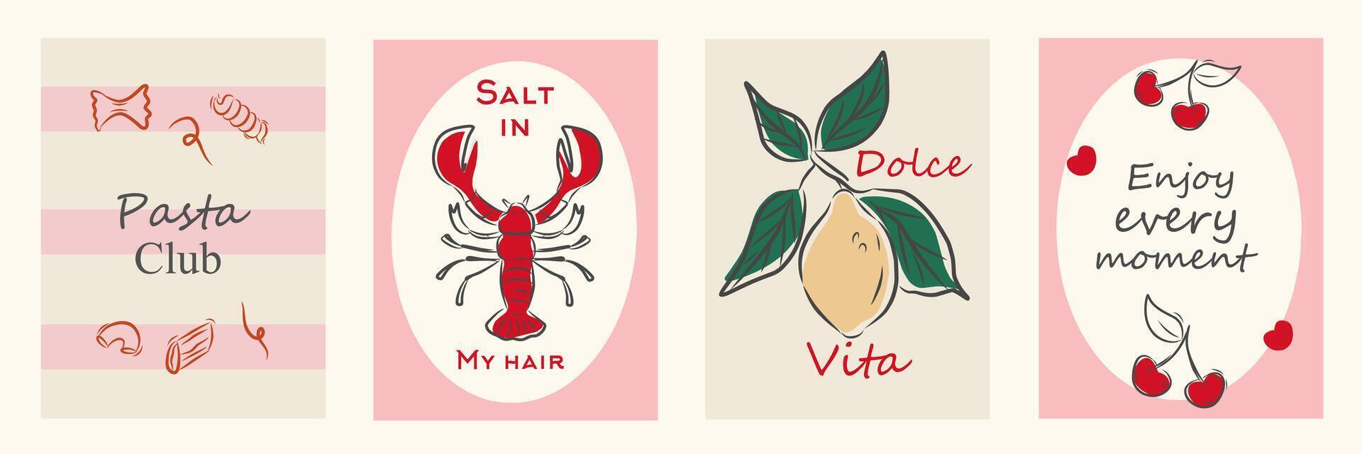 Hand drawn la dolce vita doodles. Wall art with wine, lemon, seafood, pasta. Minimalist line art. Set of mediterranean concept abstract illustration for invitations, printables, social media, poster. vector
