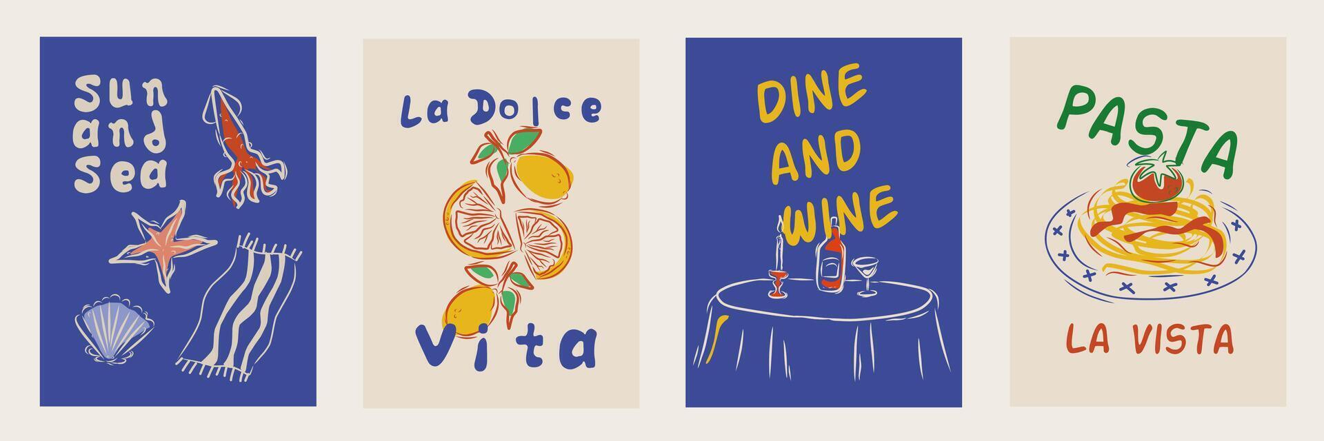 Hand drawn la dolce vita doodles. Wall art with wine, lemon, seafood, pasta. Minimalist line art. Set of mediterranean aesthetic concept illustration for invitations, printables, social media, poster. vector