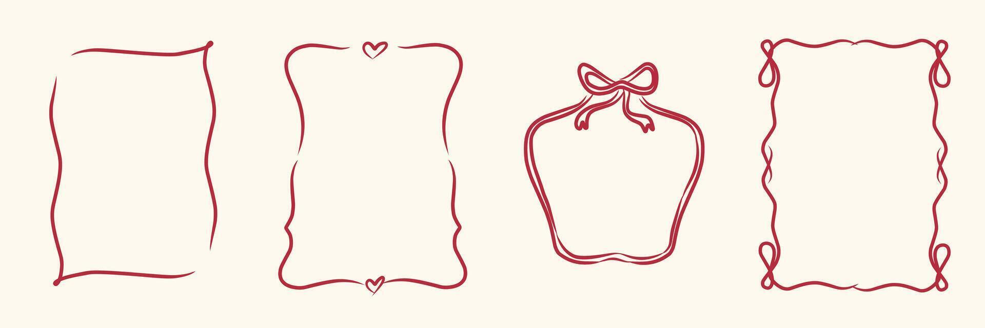 Doodle hand drawn frames with hearts set, wavy lines, bows and ribbons. Coquette retro. Trendy vintage whimsical borders for wedding invitations, birthday card, and prints. Modern illustration. vector