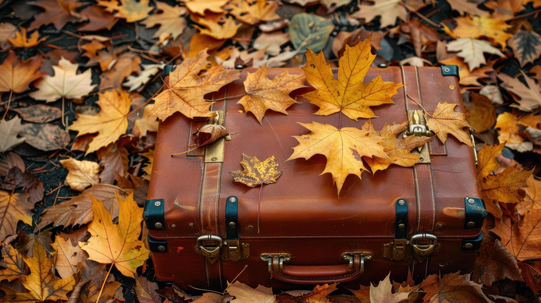 Vintage leather suitcase covered in autumn leaves, lying on the ground in a forest or park during fall. photo