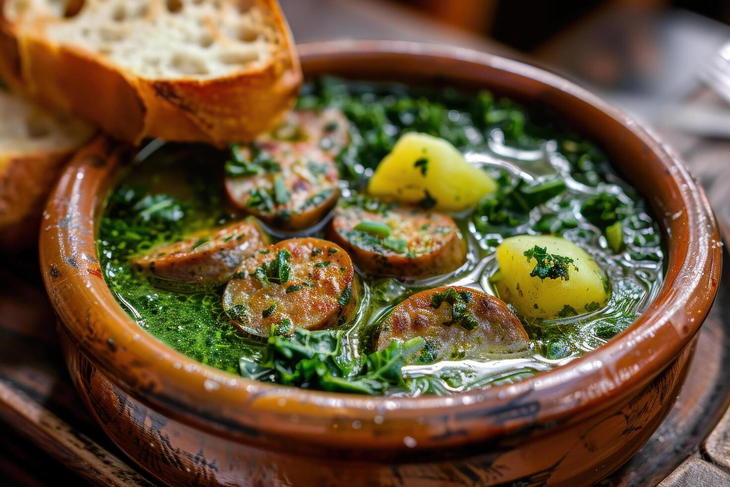 Traditional Portuguese Caldo Verde soup with sausage, potatoes, and kale in a clay bowl, served with crusty bread. photo
