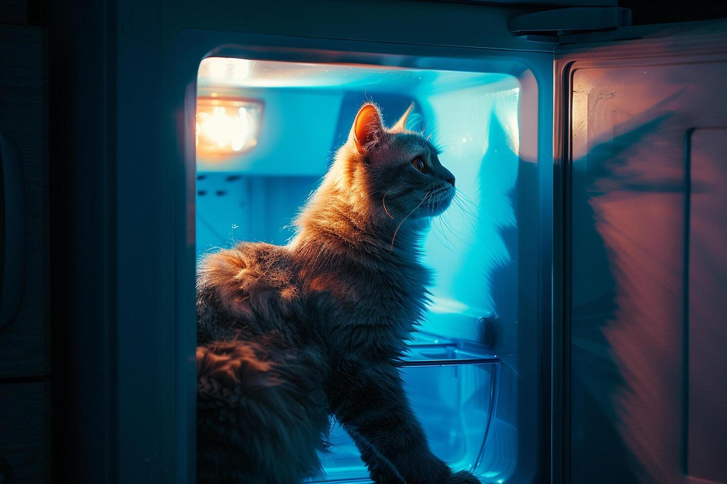 The cat opened the refrigerator - sits inside, illuminated by the light photo