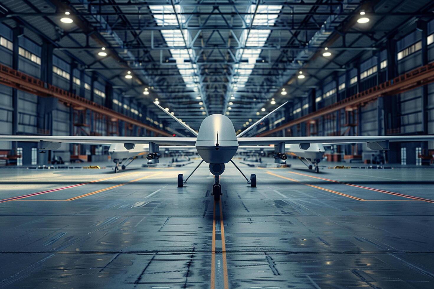 Armed military drones lined up in a high-tech hangar with dramatic lighting and reflections on the floor. photo