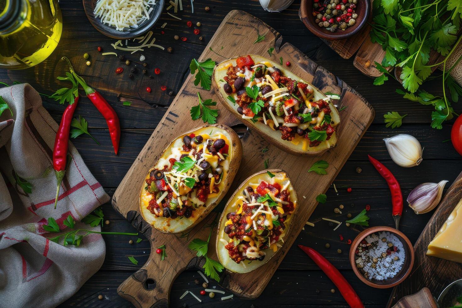 Top view of Mexican style baked potatoes stuffed with chili con carne and cheese on a cutting board. photo