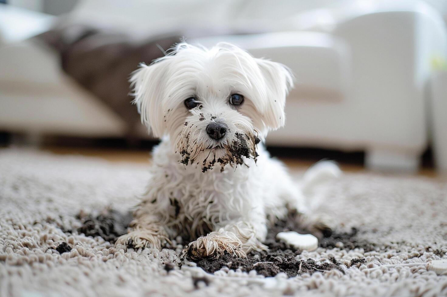 dirty white dog with dirty paws and mud on the carpet in the apartment photo