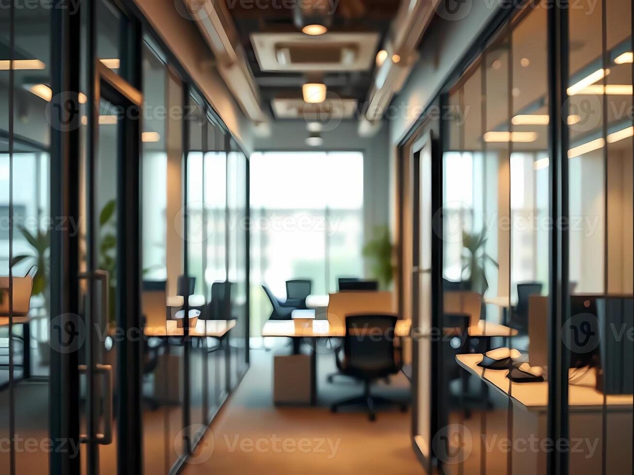 an office with glass walls and a desk.ai photo