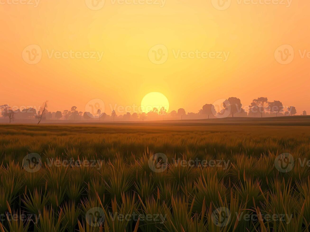 the sun is setting over a field of grass photo