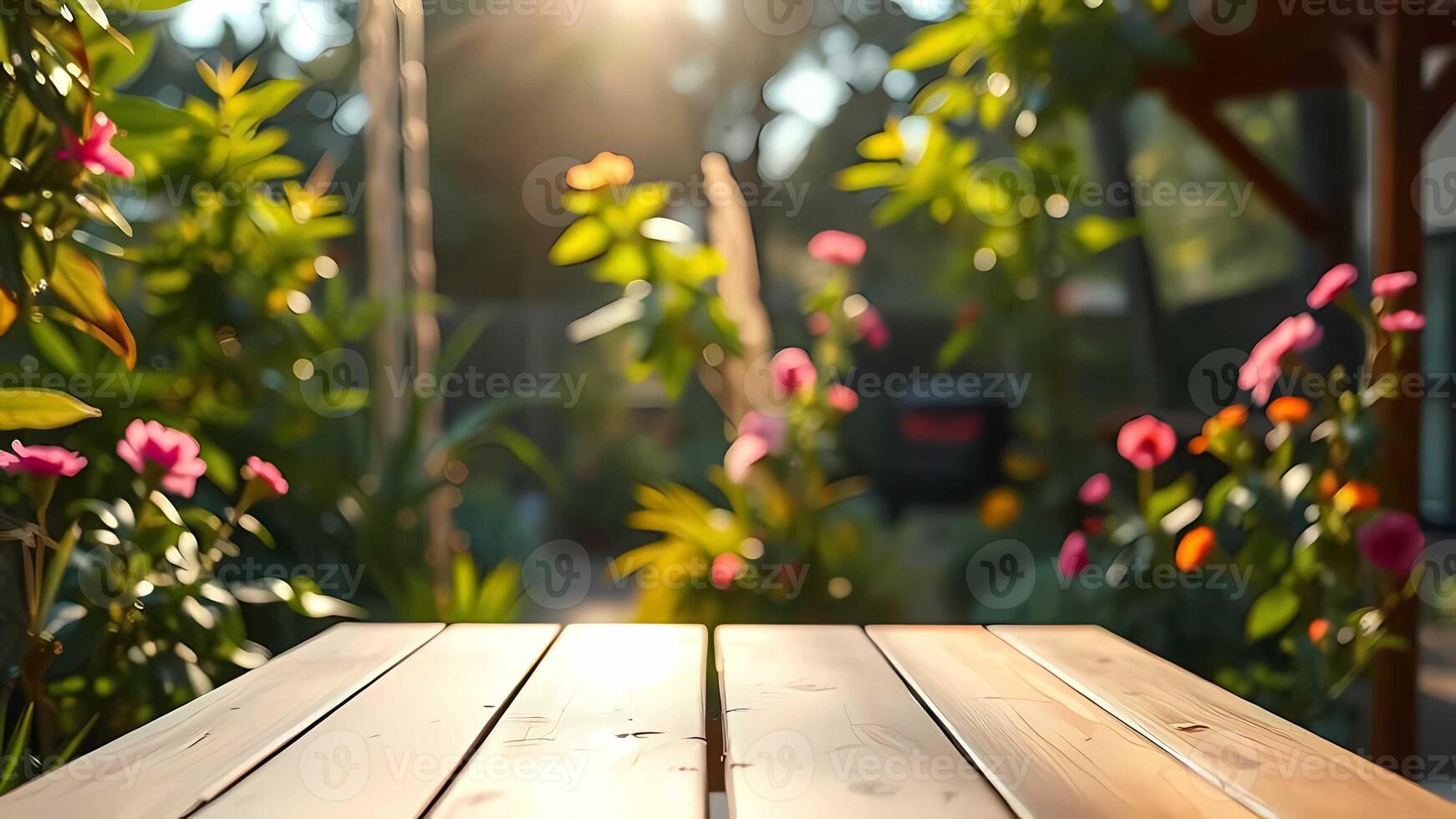an empty wooden table in the garden photo