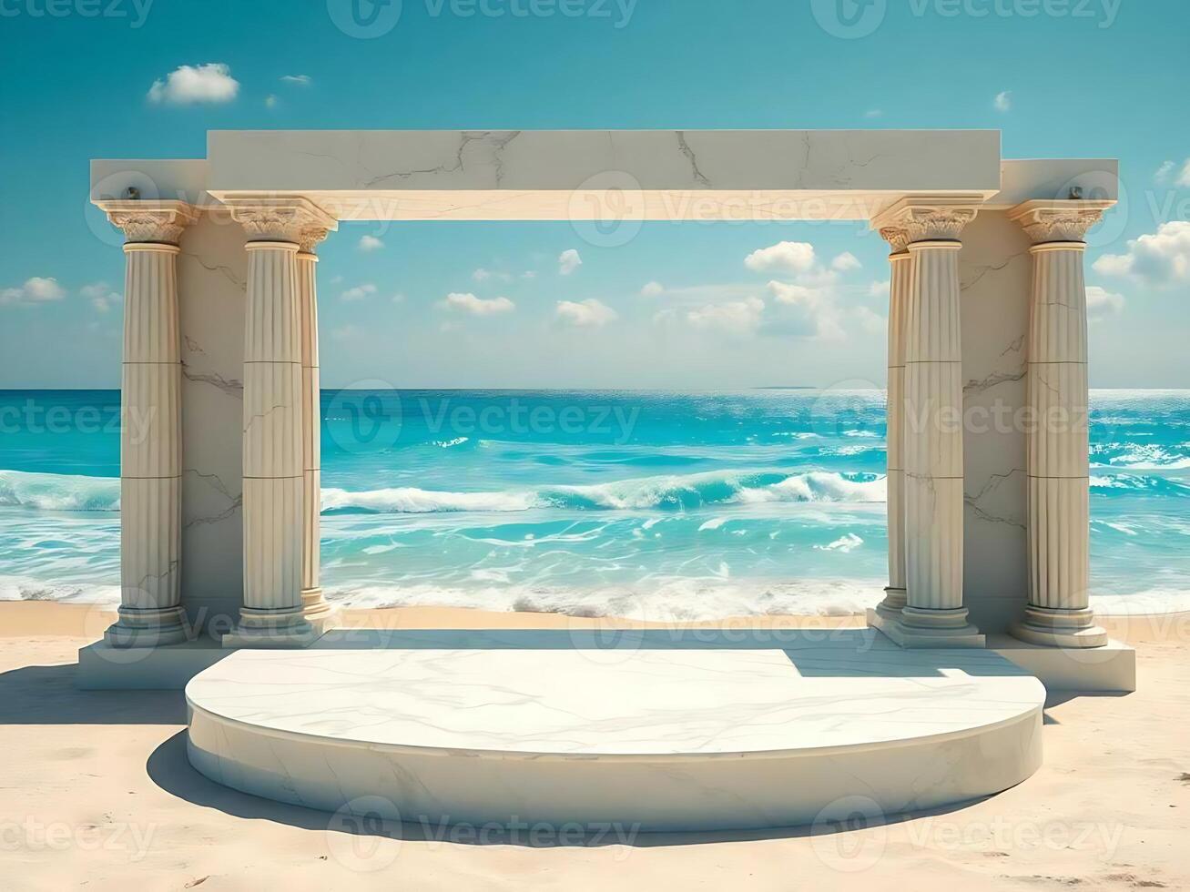 an empty stage on the beach with a sea in the background photo
