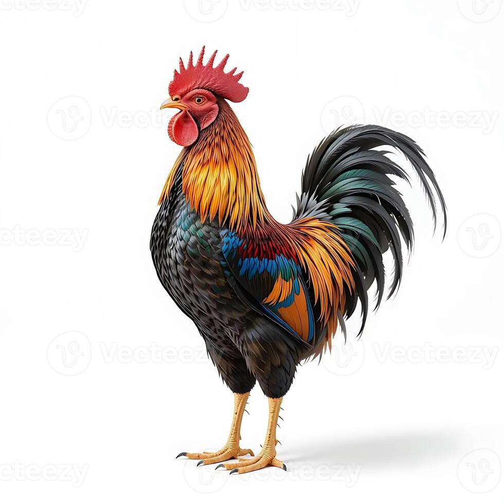 Standing Rooster with Colorful Feathers Isolated on White Background photo