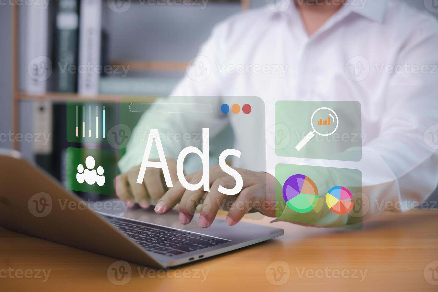 Ad, Market, Product ads, Online advertising concept Internet advertising digital marketing social media, Man using laptop with Ads dashboard digital marketing strategy analysis research for branding. photo