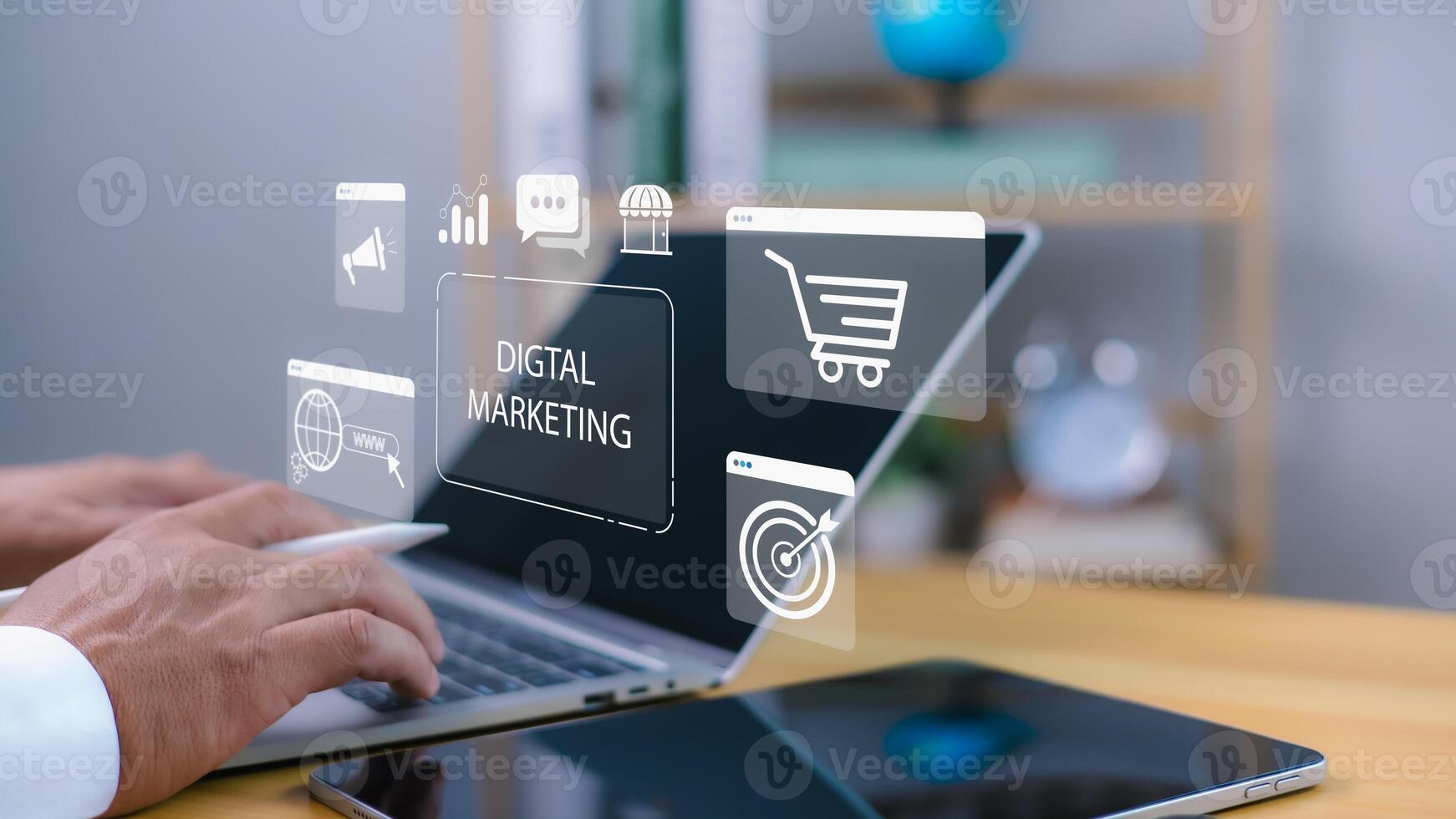 Digital marketing concept, Hands using computer with icon Representing online advertising, E-commerce, SEO, Social media,Targeting strategy, Content creation and internet marketing for business growth photo