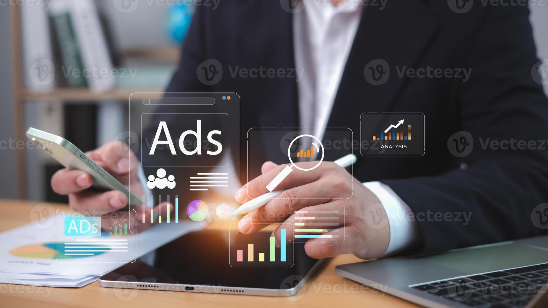 Ads, Product ads, Market, Online advertising concept, Internet advertising digital, Marketing social media, Businessman using laptop with Ads dashboard digital marketing strategy analysis for branding photo