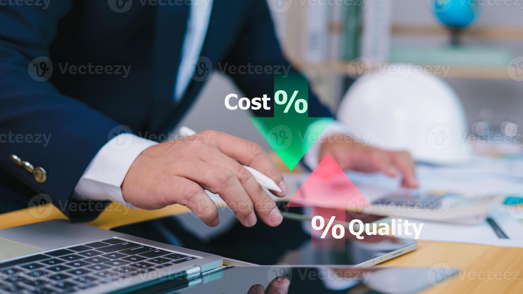 Cost calculation, Construction cost planning, Architect or engineer working with quality control and cost reduction, Cost and quality control, Construction planning, Budget structural calculation. photo
