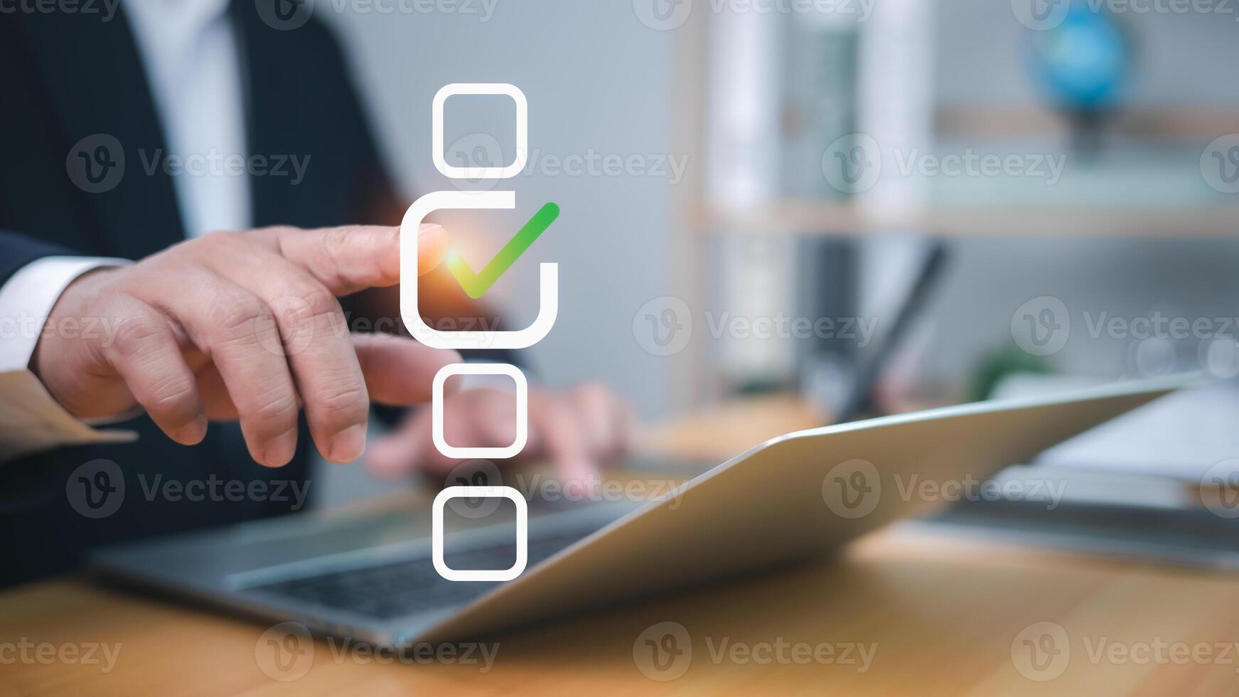Businessman tick correct mark to approve document or project checklist, Application for certificate, Quality management and assurance, Business certification, Pass inspection, Accept approved, QA, QC photo