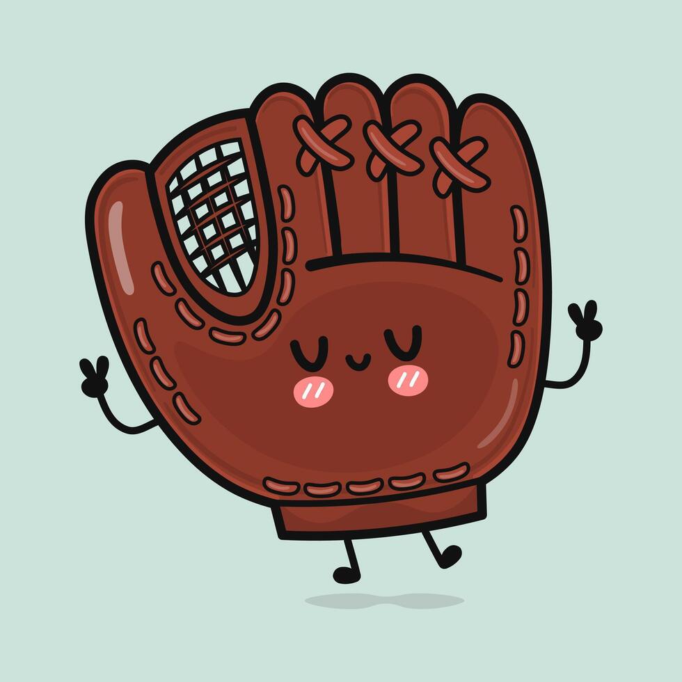 A cute cartoon Baseball Glove character happily giving a peace sign on a light blue background. vector