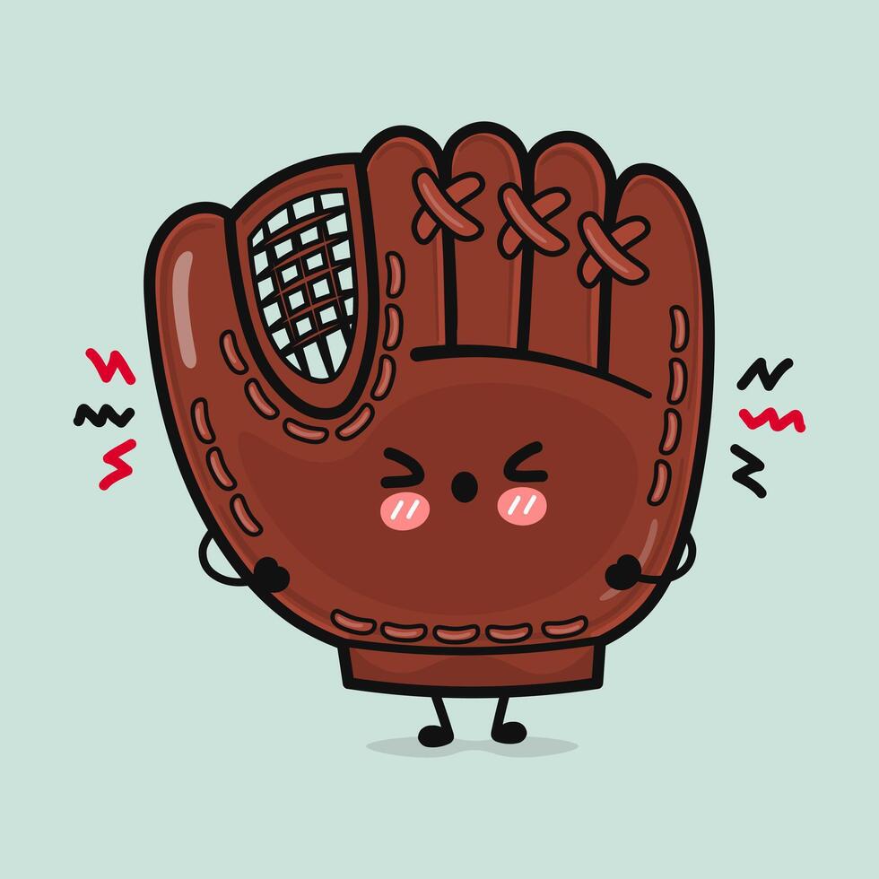 Cute cartoon Baseball Glove character expressing frustration and annoyance on a light blue backdrop. vector