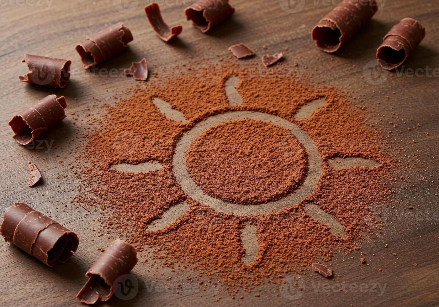 Cocoa Powder Sun Drawing Chocolate Curls Wooden Background Photography Still Life photo