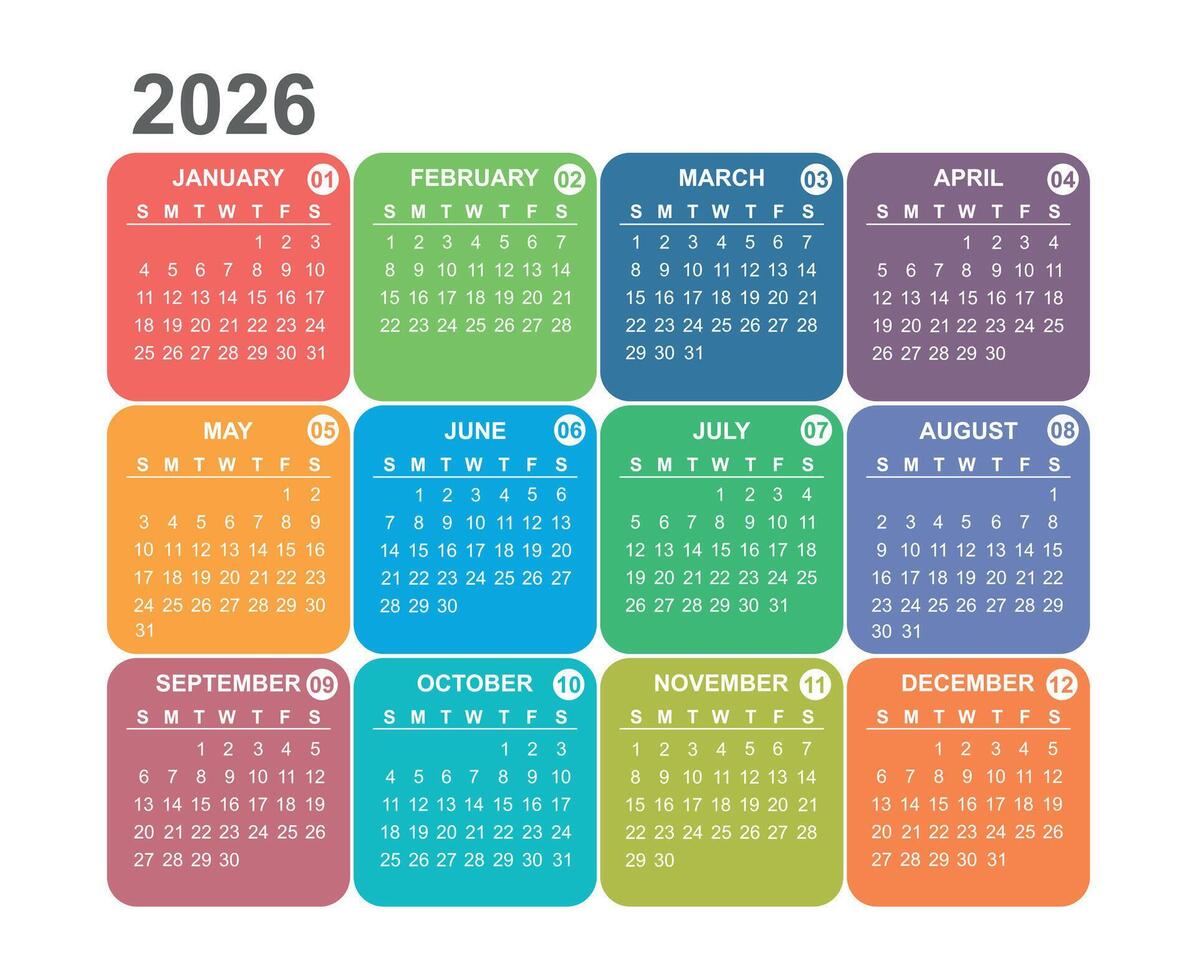 varicoloured calendar for 2026 year vector