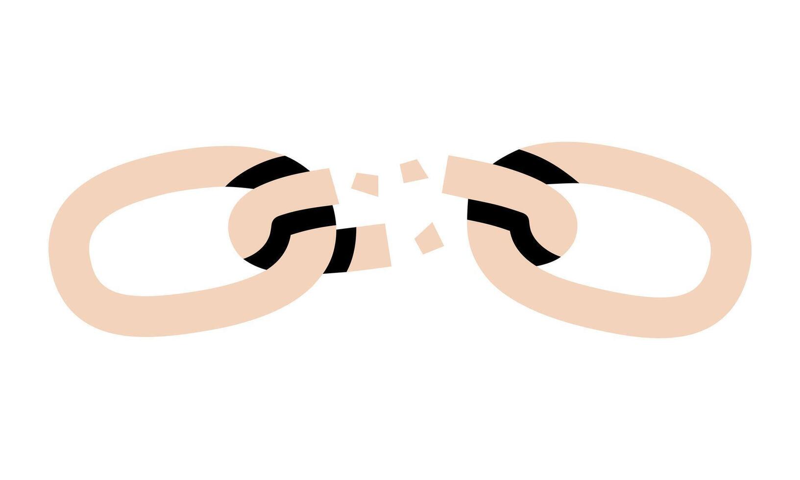 Hand drawn cute cartoon illustration of broken chain. Flat weak link doodle style. Slavery or habit escape icon or print. Network disconnection sticker. Break free sign. Isolated. vector