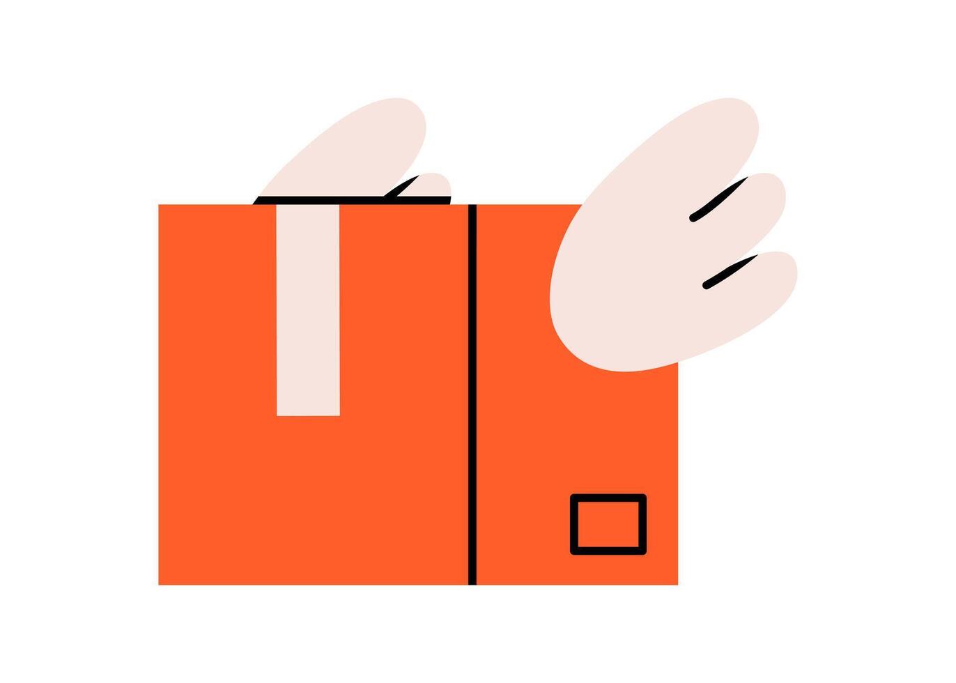 Hand drawn cute illustration of cardboard box with wings. Flat flying package in colored doodle style. Parcel shipping icon. Shopping logistics. Delivery service sticker. Isolated. vector