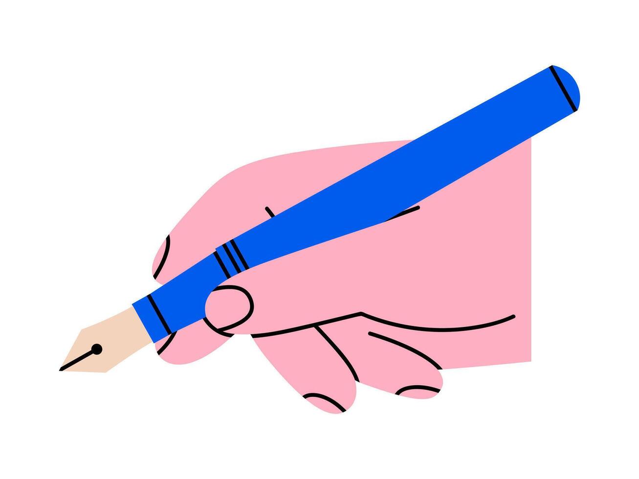 Hand drawn cute illustration of hand holding fountain pen. Flat school stationery doodle. Creative process. Designer or painter. Sign a document. Writing a message sticker, icon. Isolated. vector