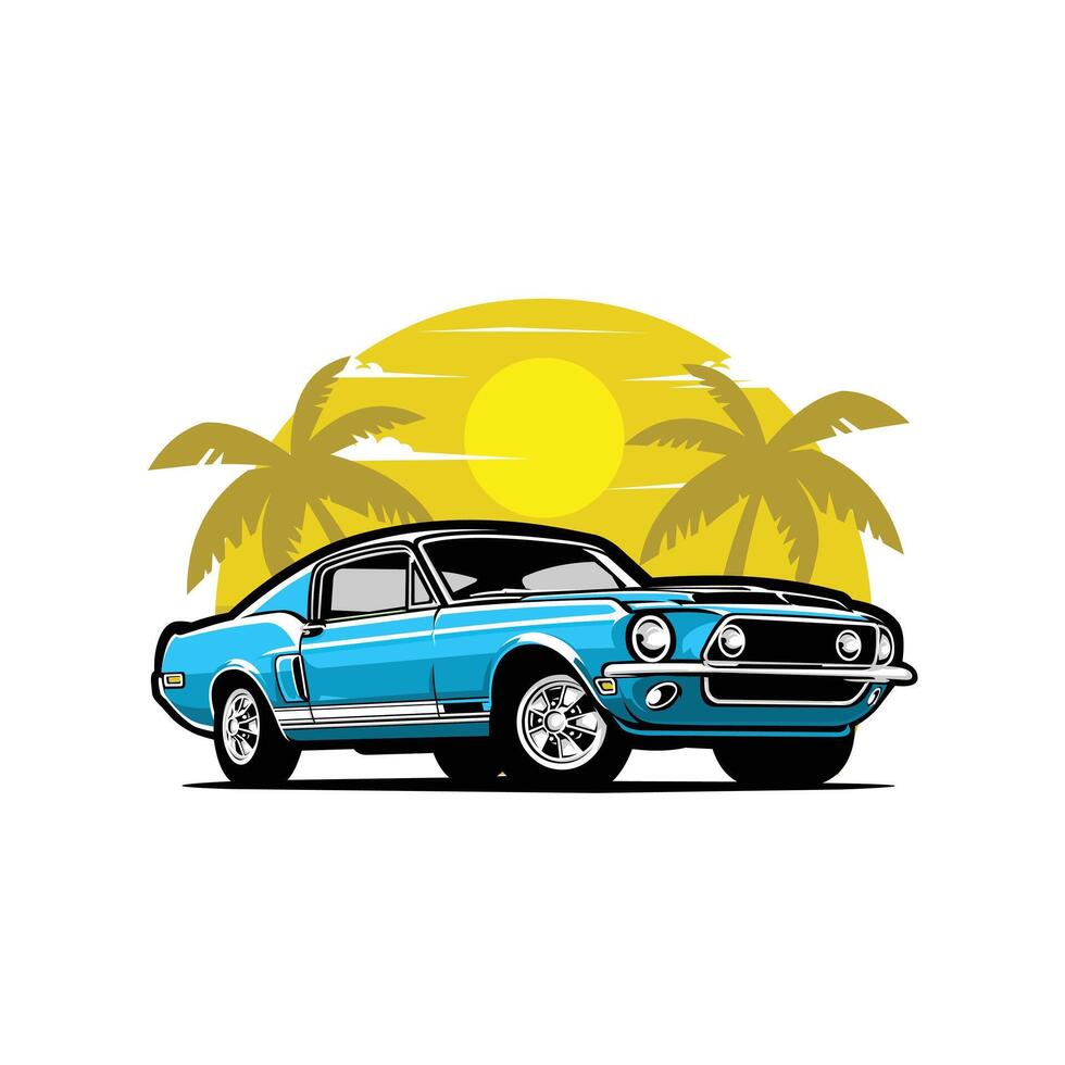 Classic american muscle car in beach illustration isolated vector