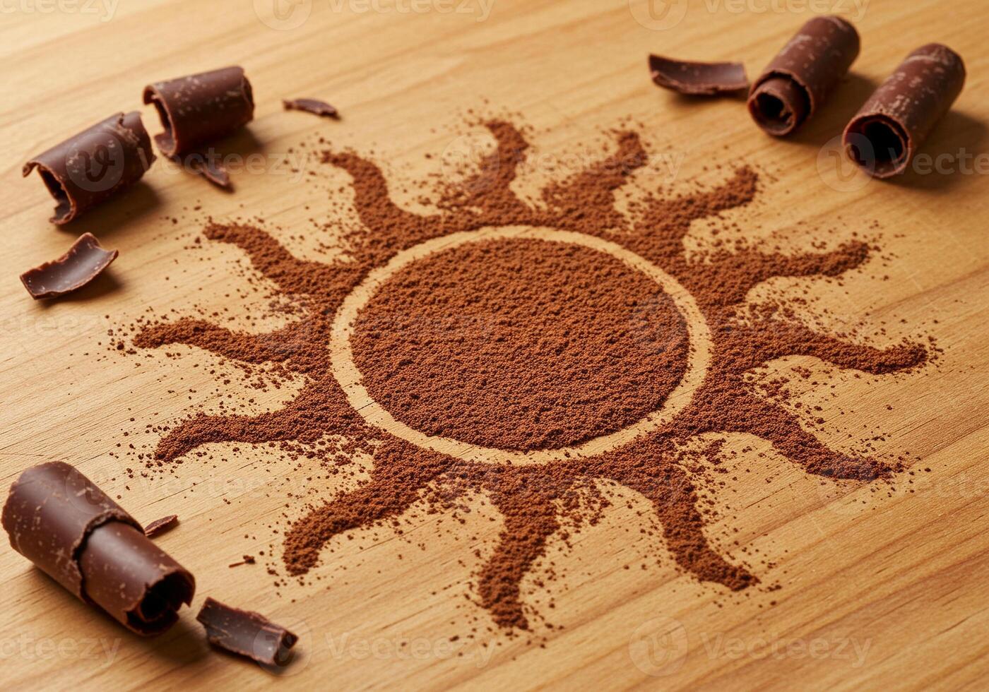 Cocoa Powder Sun Drawing Chocolate Curls Textured Wooden Background Photography Still Life photo