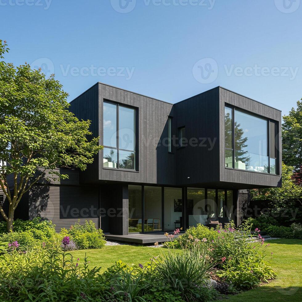 Modern Black House Garden Architecture Luxury Design Nature Integration New Build Forever Home Copy Space photo