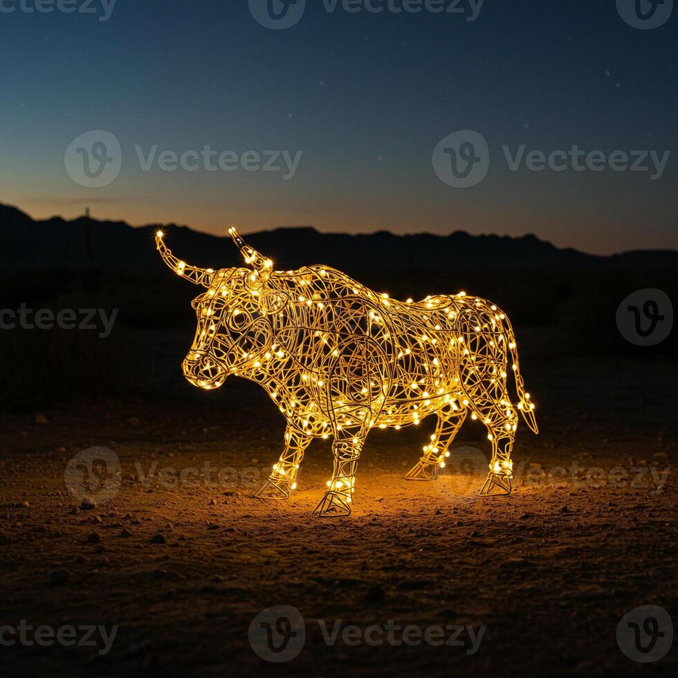 Golden Bull Light Sculpture Desert Night Art Installation Glowing Animal Copy Space photo