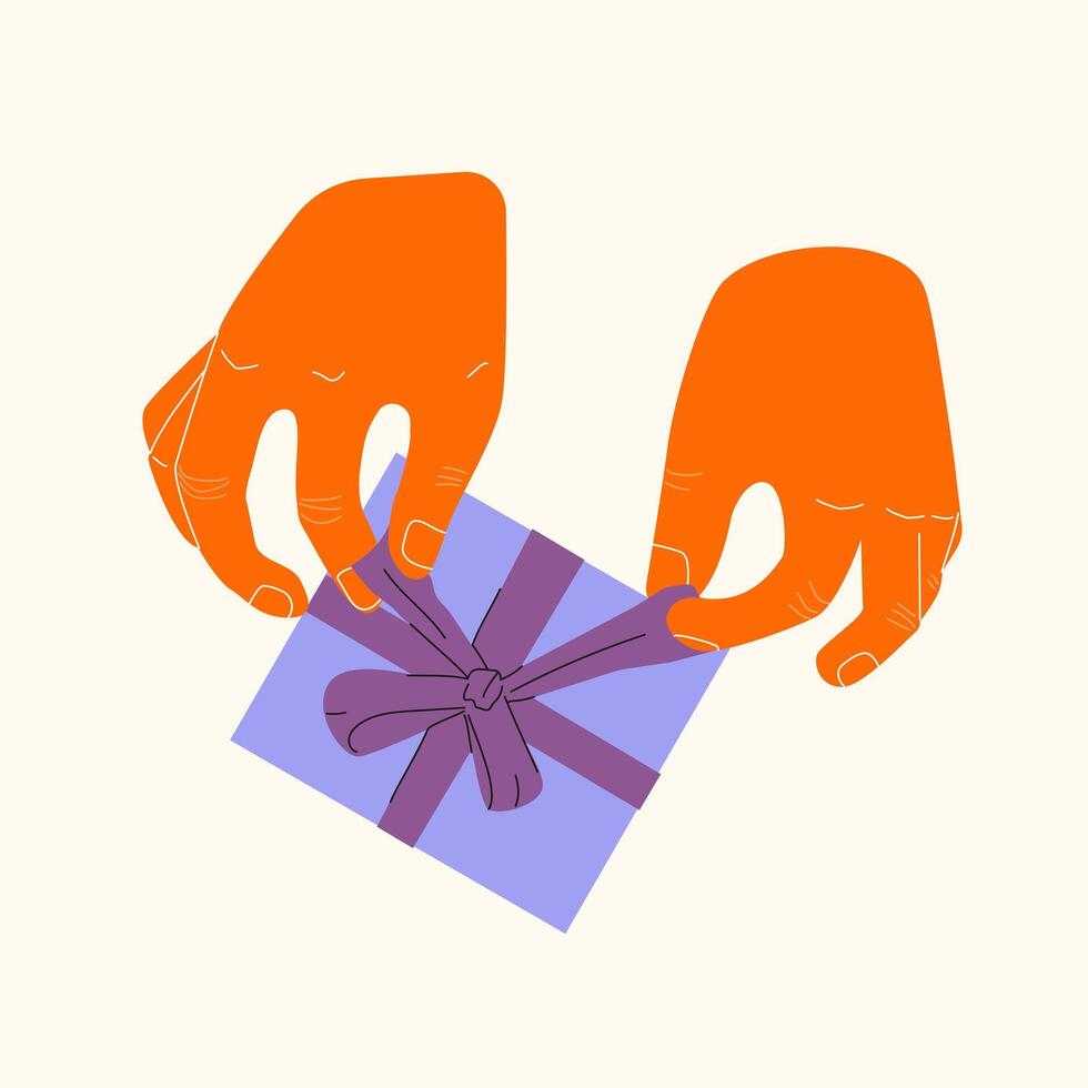 Hands holding gift boxes with a ribbon and bow. For birthday, Christmas, Valentine's day presents, isolated on background vector