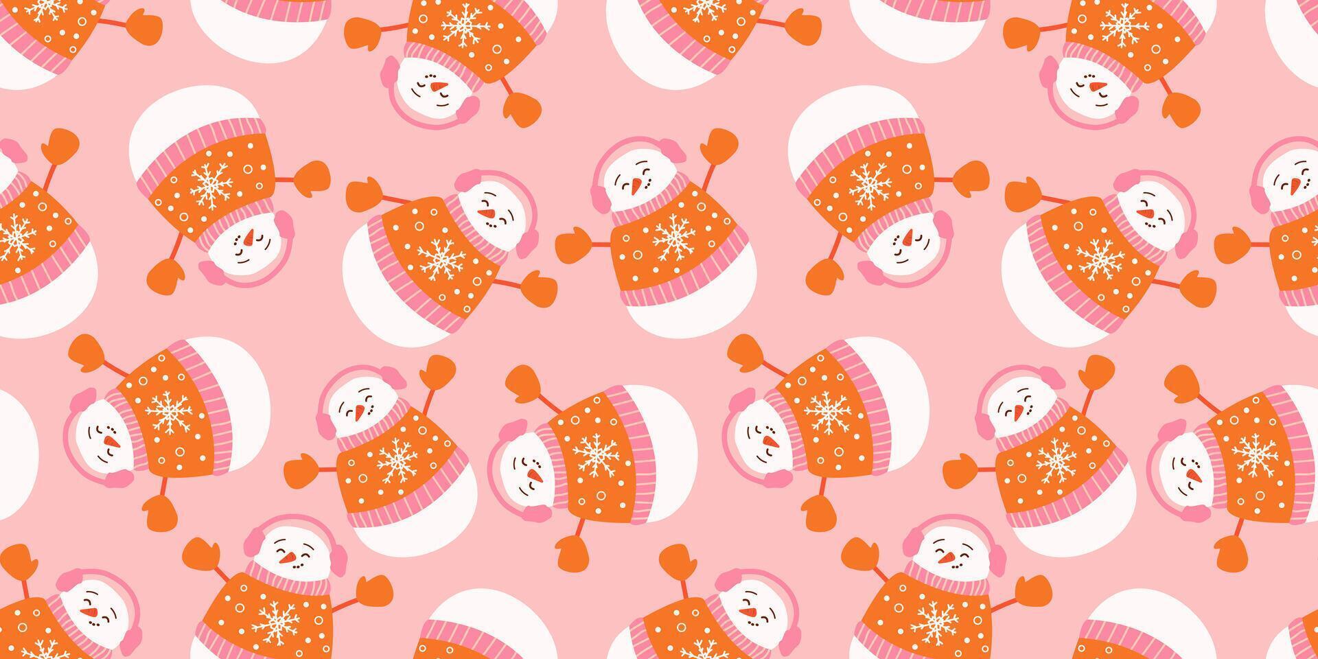 Pattern with cute snowman in winter costume vector