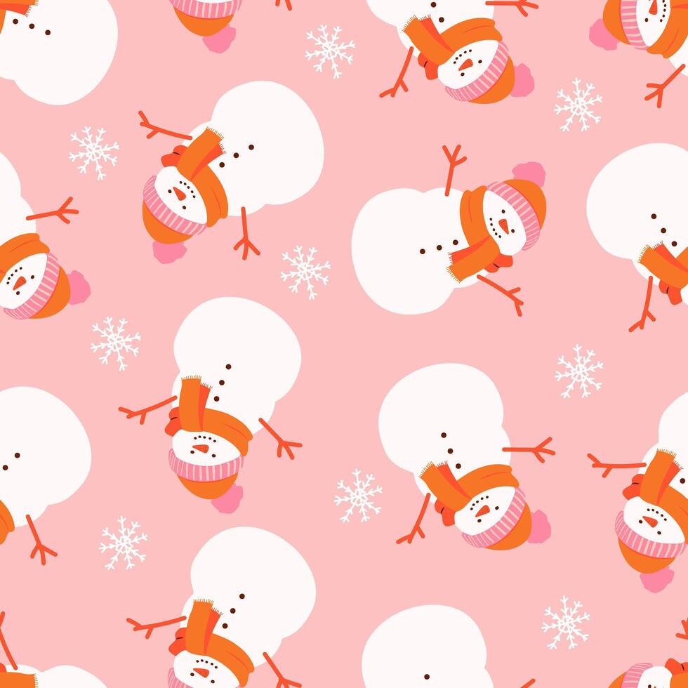 Merry Christmas and happy new year pattern with cute snowman in winter costume. Holiday cartoon and character in scarf and hat flat style on pink background vector