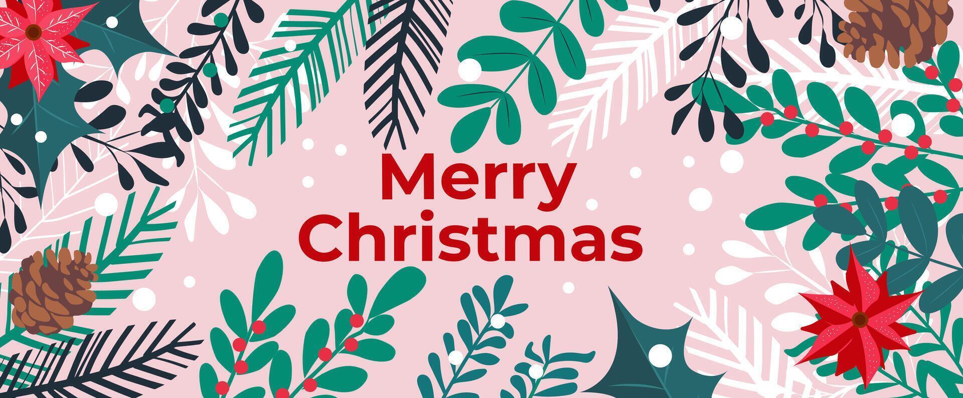 Merry Christmas and Happy New Year greeting card or web header banner. Typography Xmas design with Christmas tree branches, winter plants, snowflakes. vector