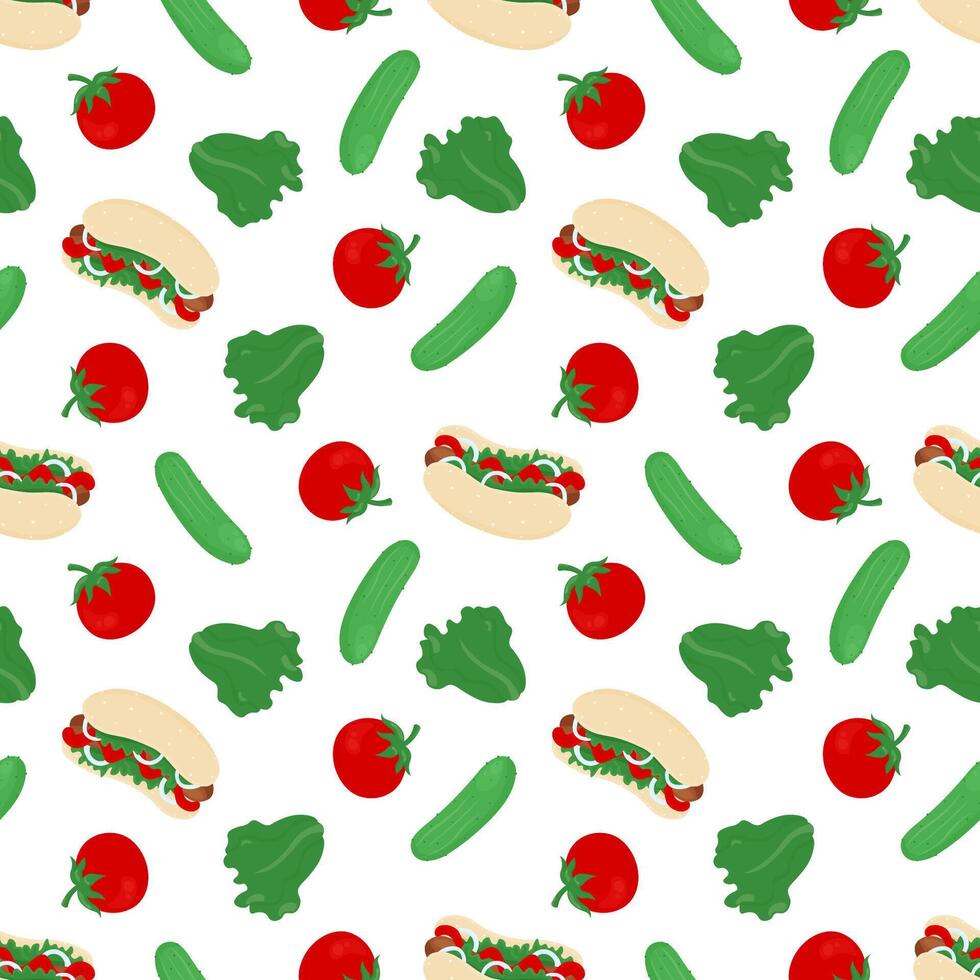 Hand drawn seamless pattern with hot dog, cucumber, tomato, and lettuce on white background. Perfect for food packaging, menus, textiles, and summer designs. vector